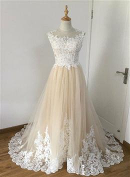 Picture of A-line Champagne with White Color Lace Round Neckline Party Dresses, Beautiufl Wedding Party Dress
